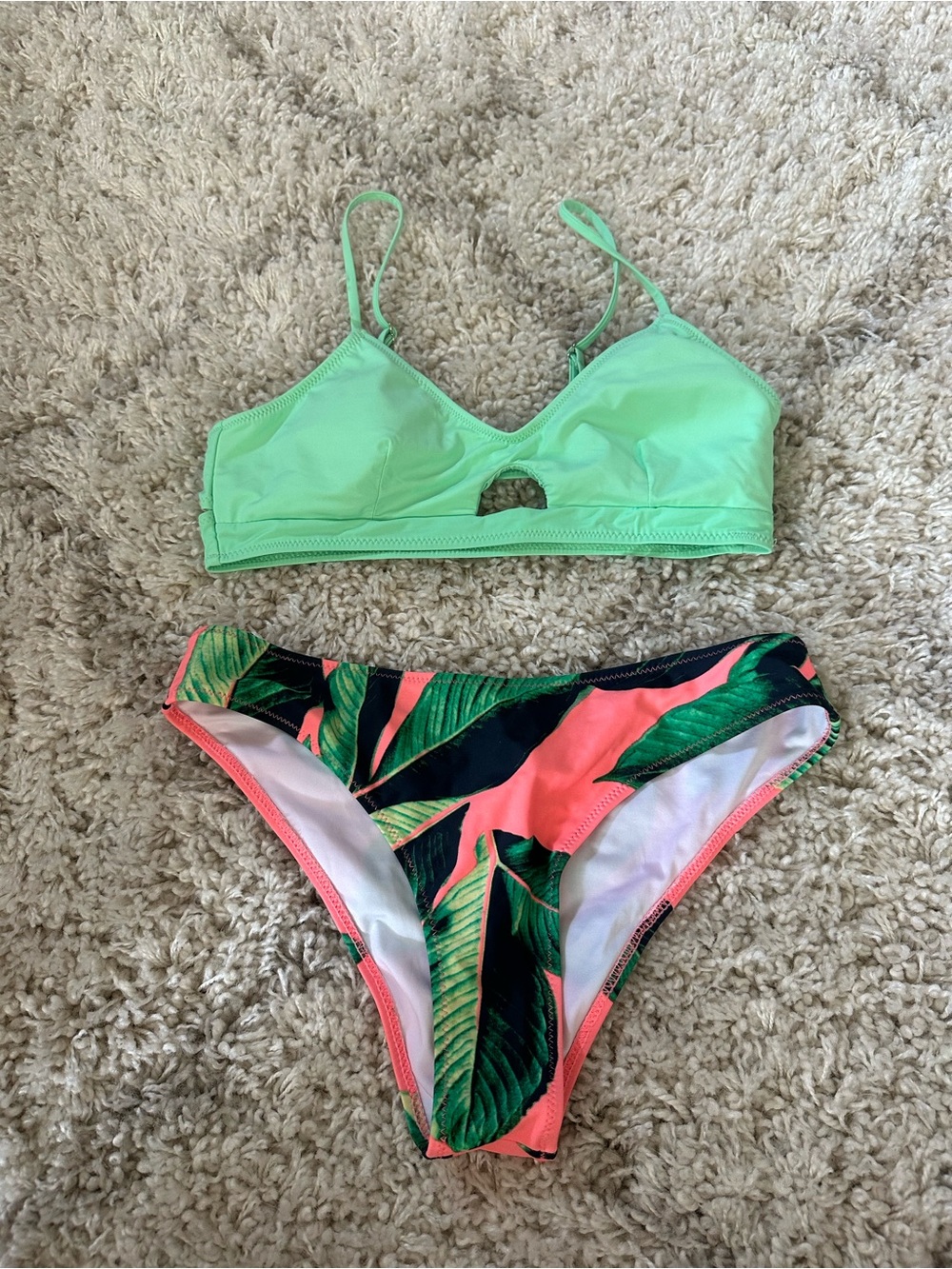 Cupshe Mint Green Top with Tropical Leaf Coral Bikini Bottom